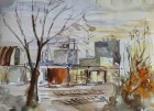 \"Factory district, Chkalova street in Ryazan, early 90s\", 16.5x24 cm, paper, watercolor, 1993.
