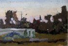 Evening. View of the greenhouses and greenhouses near 9th Street Line in Ryazan in the early \'90s. 12х27 cm, paper, oil. 1994.