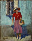 Standing Model with a basket at the open window. Summer plein air sketch. 50x40 cm, coarse canvas. 1995.
