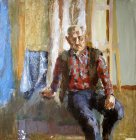Portrait of elderly man in a plaid shirt. Staged thematic model. 70x70 cm, leatherette oil. 1996.