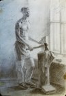 Мужчина за рубкой дров. Тематический постановочный рисунок. 70х48 см, бумага, графитный карандаш. 1997 г.с.