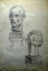 Голова – экорше Гудона. Вид спереди, вид с боку. Постановочный рисунок. 70х50 см, бумага, графитный карандаш. 1992 г.с.