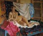 The lying naked girl with draperies. 80х100sm, canvas, oil. 1996.