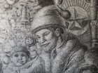 Sketch fragment to the picture \"Lenin in January\". Lenin, the top part of a throne with a star, a fir-tree and toys, a girl\'s face.
