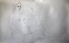 The naked semi-sitting girl in stockings at a table with a glass of wine, a sketch. 35х50 cm, paper, graphitic pencil, 2011 of page. 