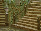 A fragment of the painting \"Morning.\" The bottom part of the picture: wrought-iron staircase, ornamental stairs, trees, plaster vase with roses. 