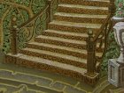 Фрагмент картины «Утро.» Кованая орнаментальная лестница, ваза с цветами, деревья, листва, плющ. 