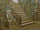 A fragment of the painting \"Evening.\" The bottom part of the picture: wrought-iron staircase, vase, flowers, trees, fancy steps. 