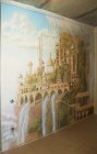 Working as a whole. View of the wall. Wall painting \" Elven city.\" Wall number 2 . 