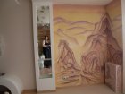 «A Mountain Landscape». A wall list acrylic paints on kitchen and in a drawing room.   An aerographics, a brush. A private sector. Vishnevaya street 32. Ryazan. 2011. 