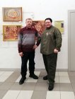 Artists Andrei Mironov (left) and Alexei Akindinov. Opening of Alexei\'s personal exhibition \"Ornamental Reality\". Art Gallery \"Prio-Vneshtorgbank\", Ryazan, February 20, 2023.