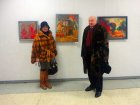 Spouses: Irina and Eduard Maybaum at Alexey Akindinov\'s pictures (two left pictures). The exhibition \"A look at the artist Ryazan\", February 5, 2016. Showroom of the Union of artists of Russia, Ryazan.