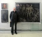 The artist Anatoly Presnyakov at the picture (on the right) and Alexey Akindinov\'s works (at the left – from above) and Aleksandr Okonechnikov (at the left – below). The Spring 2015 exhibition devoted to the 70 anniversary of the Victory over fascism