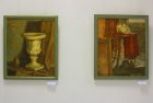 A. Akindinov\'s pictures, at the left \"Still life with a vase\", on the right \"Still life with a mask and cup\". Opening of a personal exhibition of Alexey Akindinov \"Patterns\". Showroom \"Historical and Art Museum\". 