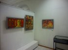 An exposition of pictures at a personal exhibition of Alexey Akindinov \"Patterns\". At the left – to the right: \"Android and religion\", \"Glory the Lord\'s\", \"Sign\". Showroom \"Historical and Art Museum\". 