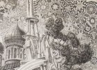 Angels - trumpeters in the bell tower of the Ryazan Kremlin in the background of the Assumption Cathedral and ornamental sky. A fragment of the sketch for the painting \"Chaine Ryazan Kremlin\", 2015-2016.