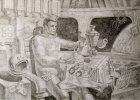 The sketch to a picture «Gagarin\'s Breakfast». A paper, a graphitic pencil, 39.2x54.8, 2011-2012.