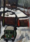 Winter view from the window. Garages covered with snow. 17х12 cm, paper, oil. 1994.
