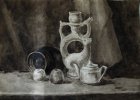 Still life with ceramic vase in the form of an ibex. Grisaille. 55x70 cm, watercolor on paper. 1992.
