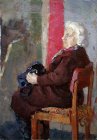 Elderly woman with a black bag. Theme staged model. 70x50 cm, oil on canvas. 1997.