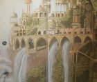 Фрагмент настенной росписи \"Эльфийский город\". Стена №2. Водопады и эльфийская архитектура.